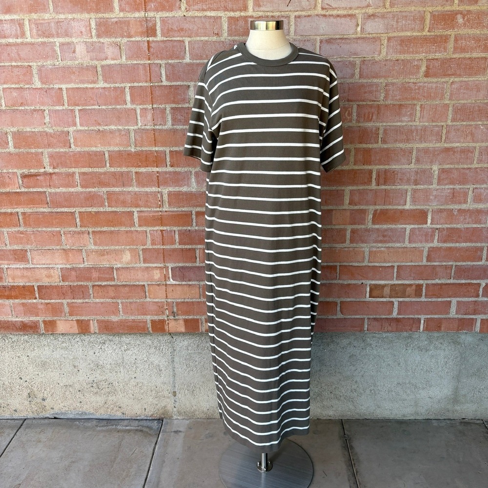 AYR The Practice Dress Women's L Brown White Striped Cotton